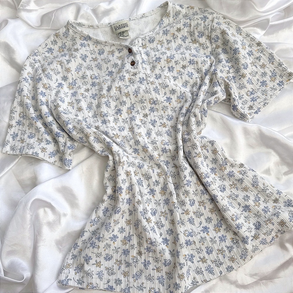 Classic Elements Floral Henley Top White Blue Ribbed Short Sleeve Shirt Medium